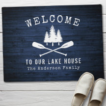 Welcome Lake House Boat Oars Trees Blue Wood Print