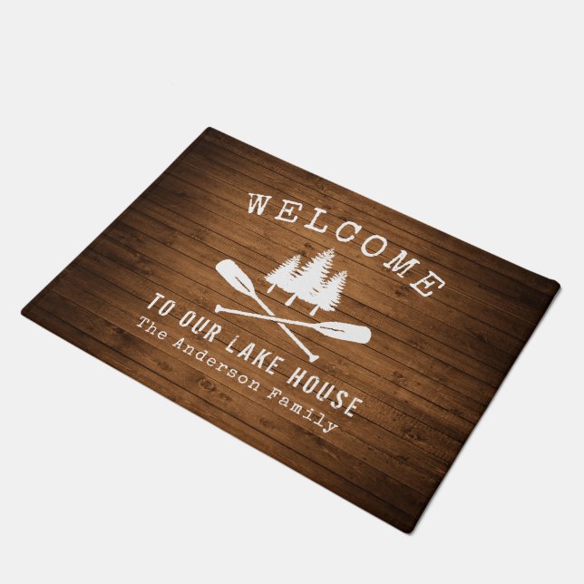 Welcome Lake House Boat Oars Trees Wood Print Doormat (Angled)