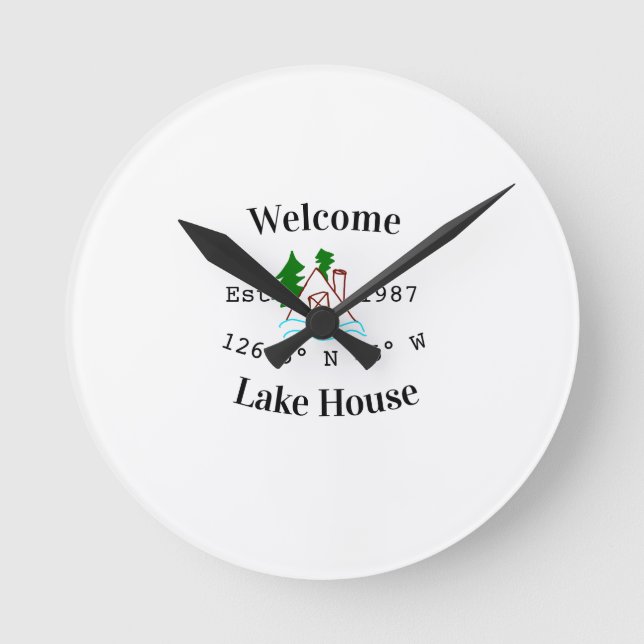 Welcome lake house corrdinated est. Year mountain  Round Clock (Front)