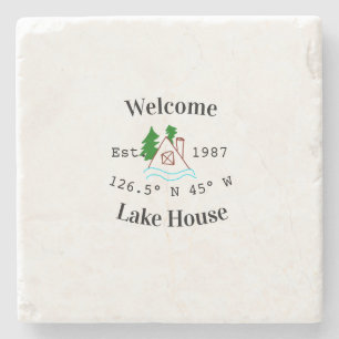Welcome lake house corrdinated est. Year mountain Stone Coaster
