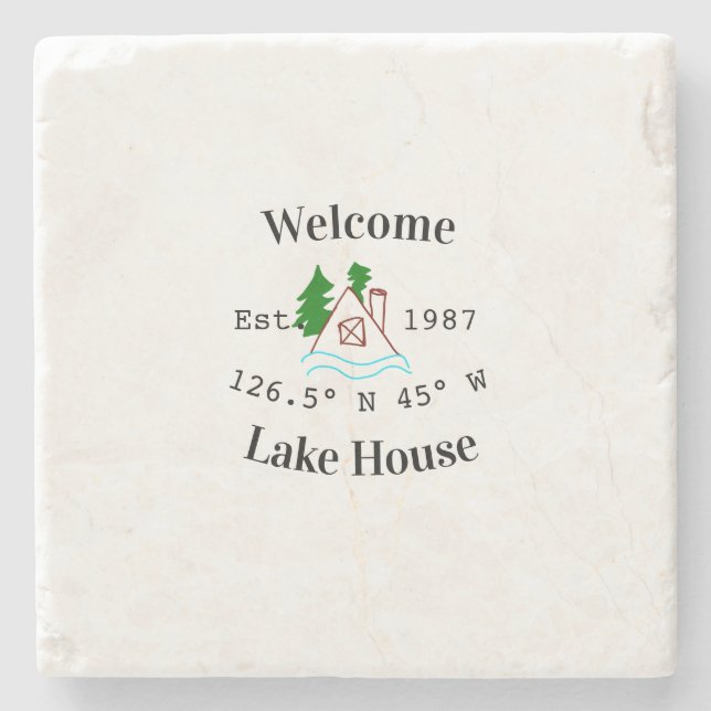 Welcome lake house corrdinated est. Year mountain  Stone Coaster (Front)