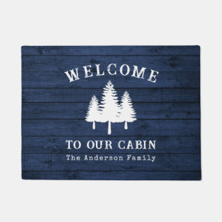 Welcome Lake House Rustic Trees Blue Wood Print Doormat