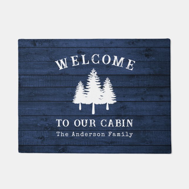Welcome Lake House Rustic Trees Blue Wood Print Doormat (Front)