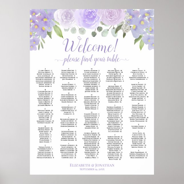 Welcome Lavender Roses Alphabetical Seating Chart (Front)