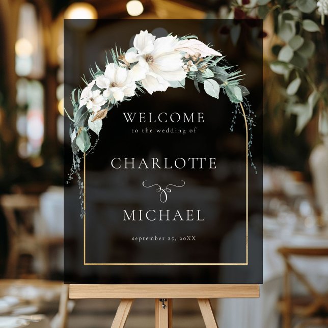 "WELCOME" LEAFY WEDDING  ACRYLIC SIGN ("WELCOME" LEAFY WEDDING BLACK ACRYLIC SIGN with your names and date.)