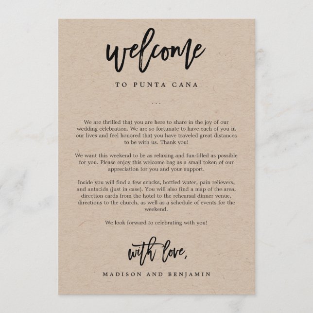 Welcome Letter and Itinerary Wedding Welcome Bag Programme (Front)