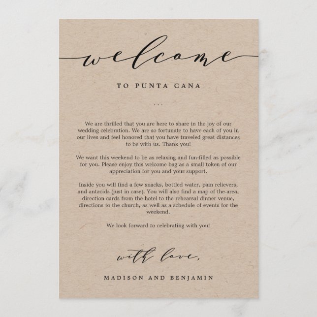 Welcome Letter and Itinerary Wedding Welcome Bag Programme (Front)