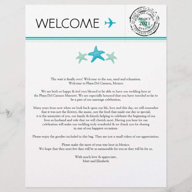 Welcome Letter for Playa del Carmen Mexico (Front)