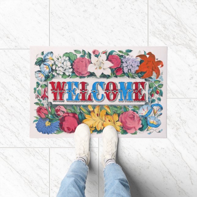 Welcome Lettering Roses Lilies Flower Garden Doormat (Indoor)