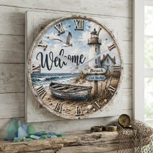 Welcome Lighthouse Coastal Nautical Beach House Large Clock