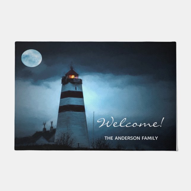 Welcome lighthouse night full moon dark clouds doormat (Front)