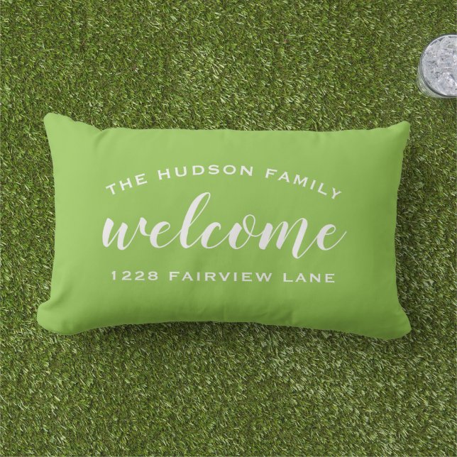 Welcome Lime Personalised Family Name Address Lumbar Cushion (Grass)