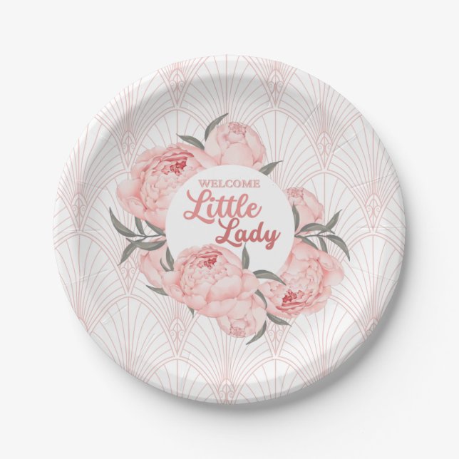 Welcome Little Lady Blush Pink Peony Paper Plate (Front)