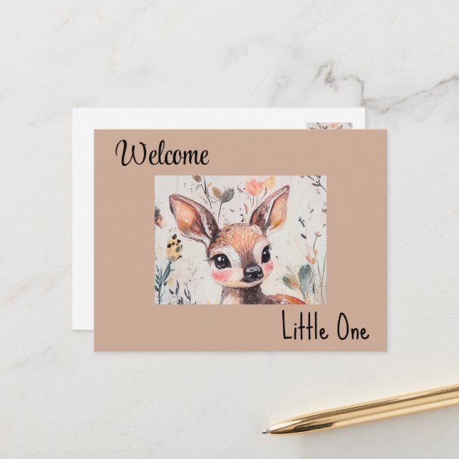 Welcome Little One, Baby Girl Card, Postcard, Fawn Postcard (Front/Back In Situ)