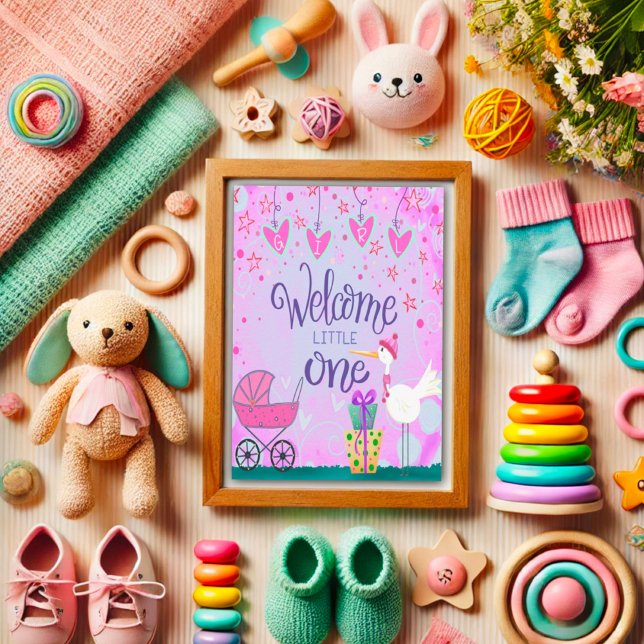 Welcome Little One Baby Girl Cute Stork Stroller  Card (Creator Uploaded)