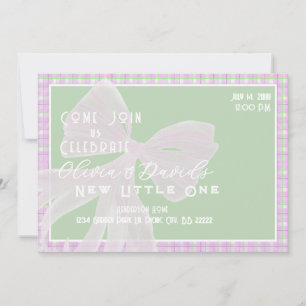 Welcome Little One-Coquette pink bow and Plaid Inv Invitation