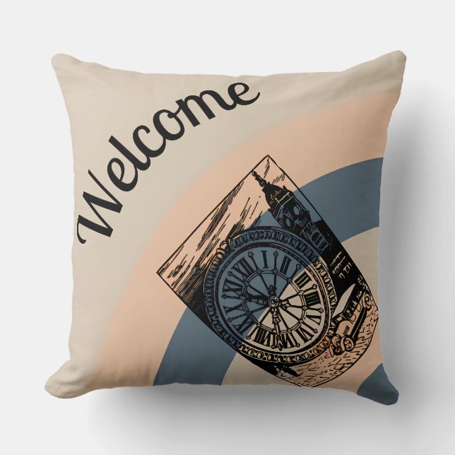 Welcome London Big Ben Vintage Art Throw Pillow (Front)
