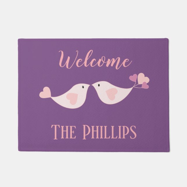 Welcome Love Birds on Purple Doormat (Front)