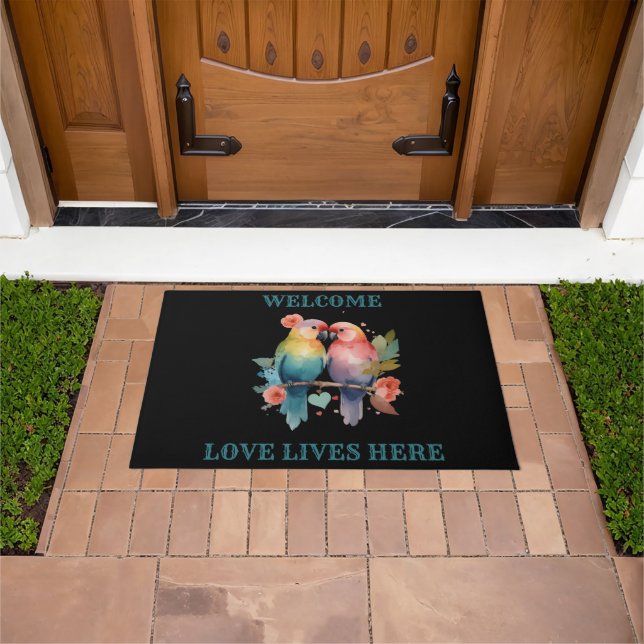 Welcome. Love Lives Here. Love Birds  Doormat (Outdoor)
