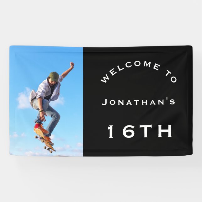 Welcome Male 16th Birthday Party Photo Black Banner (Horizontal)