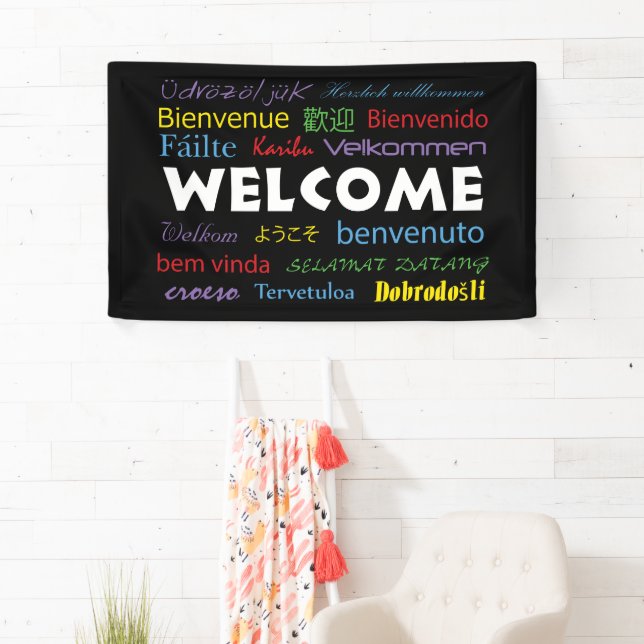 Welcome Many Languages Colourful Typography Black Banner (Insitu)
