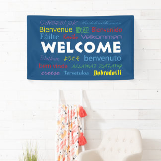 Welcome Many Languages Colourful Typography Blue Banner