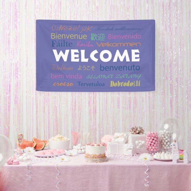 Welcome Many Languages Typography Periwinkle Blue Banner (Party)
