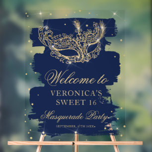 Welcome Masquerade blue gold glitter Sweet 16 Acrylic Sign