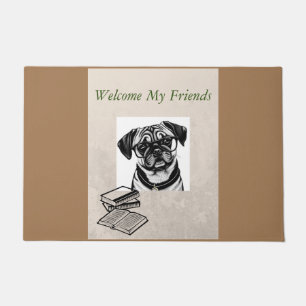 Welcome Mat with Dachshund Pug Mix in Glasses