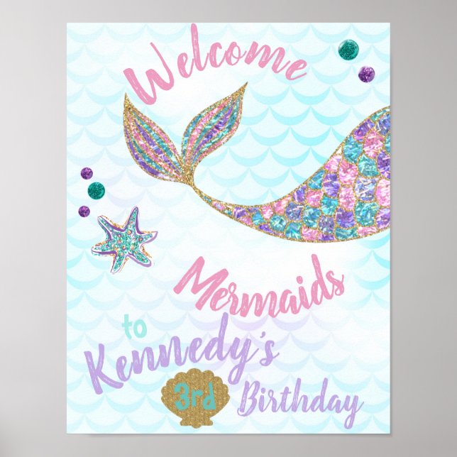Welcome Mermaids, Mermaid Birthday Sign, Poster (Front)