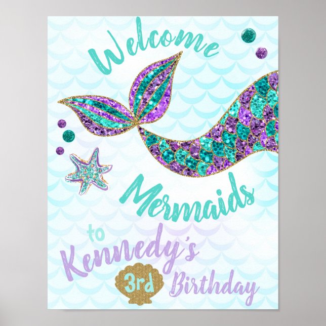 Welcome Mermaids, Mermaid Birthday Sign, Poster (Front)