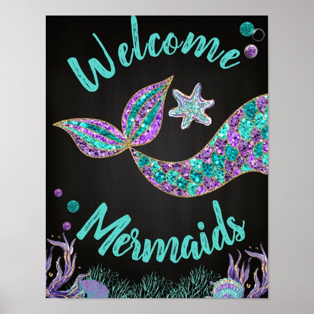 Welcome Mermaids, Mermaid Birthday Sign, Wall art (Front)