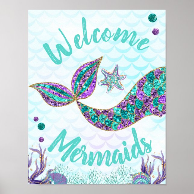 Welcome Mermaids, Mermaid Birthday Sign, Wall art (Front)
