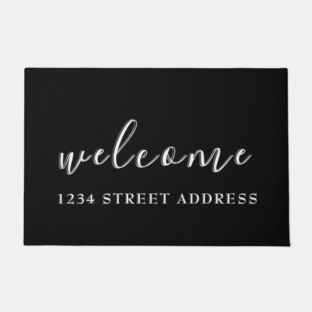 Welcome Message & Address | Black & White Doormat (Front)