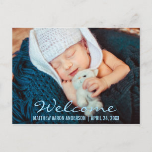 Welcome Modern New Baby Photo Announcement Blue