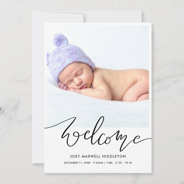 Welcome Modern Script Birth Announcement (Front)