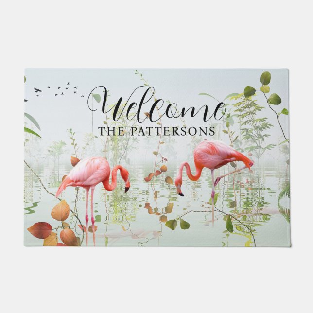 Welcome Modern Tropical Flamingo Family Name Doormat (Front)