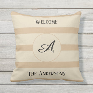 Welcome Monogram Family Name Tan Color Stripes Cushion