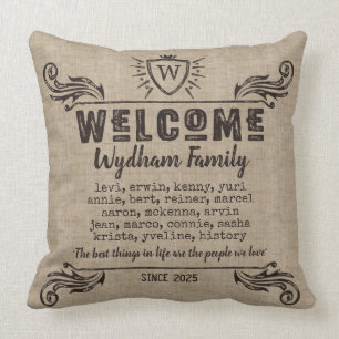 Welcome Monogram Rustic Logo Typography Burlap Cushion