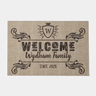 Welcome Monogram Rustic Logo Typography Burlap Doormat