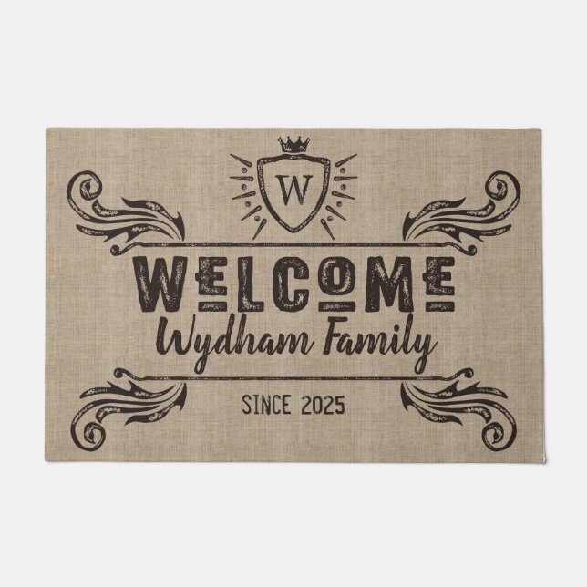 Welcome Monogram Rustic Logo Typography Burlap Doormat (Front)
