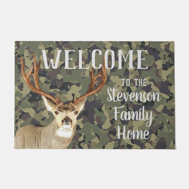 Welcome Mule Deer Hunting Buck Antlers Camo Doormat (Front)