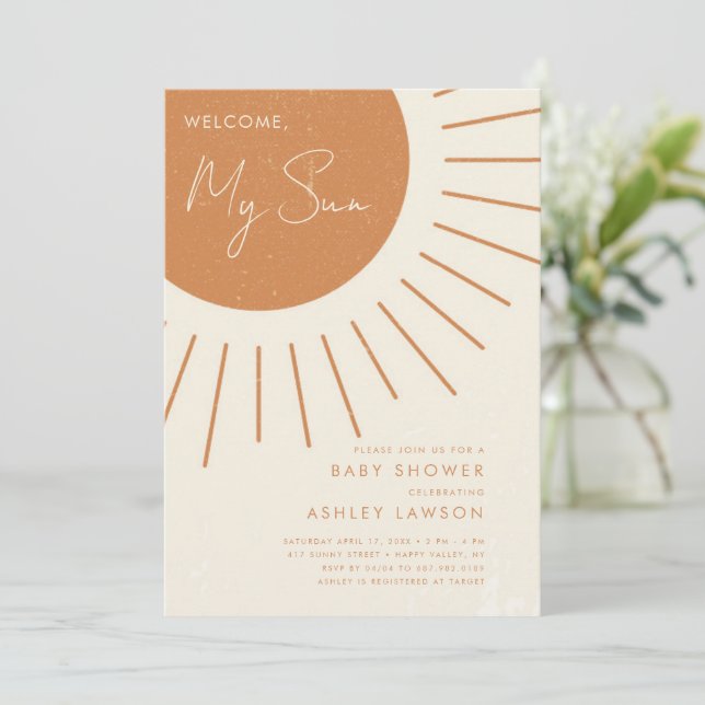 Welcome My Sun Modern Boho Baby Shower Invitation (Standing Front)