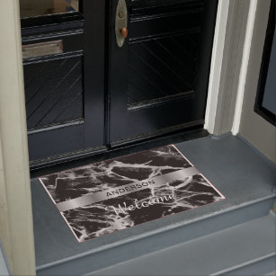 Welcome, Name on Silver Band, Black & Grey Marble Doormat