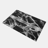Welcome, Name on Silver Band, Black & Grey Marble Doormat (Angled)