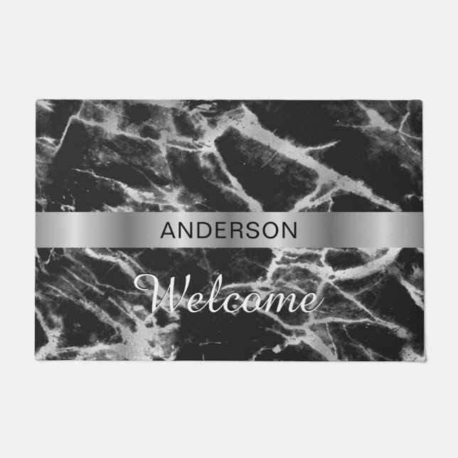 Welcome, Name on Silver Band, Black & Grey Marble Doormat (Front)