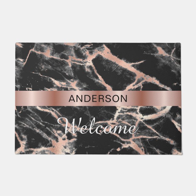 Welcome, Name, Rose Gold Band & Marble Design Doormat (Front)