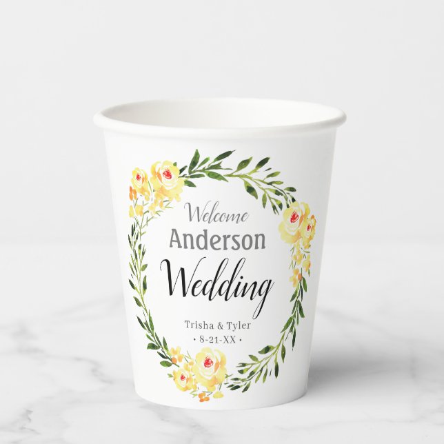 Welcome Names/Date Yellow W/Colour Flowers Wedding Paper Cups (Front)
