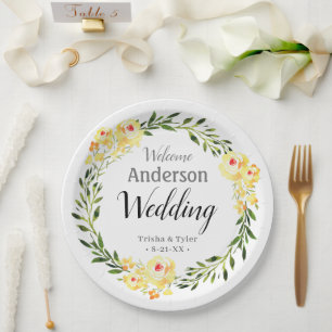 Welcome Names/Date Yellow W/Colour Flowers Wedding Paper Plate