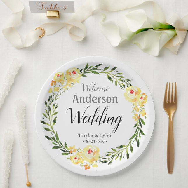 Welcome Names/Date Yellow W/Colour Flowers Wedding Paper Plate (Wedding)